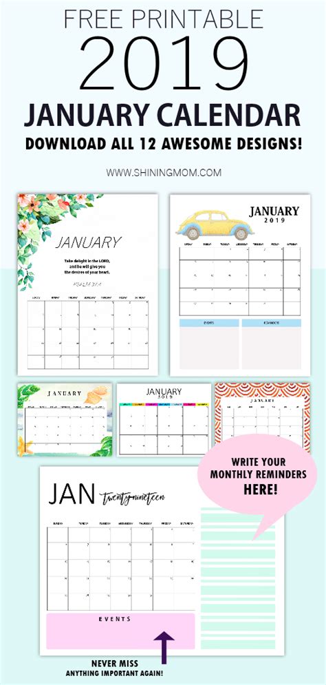 January 2019 Calendar Free Printables To Start The Year Right 12