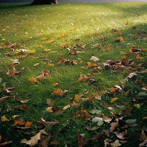 Autumn Leaves Falling Onto A Large Green Grass Background Autumn Season Fallen Leaves