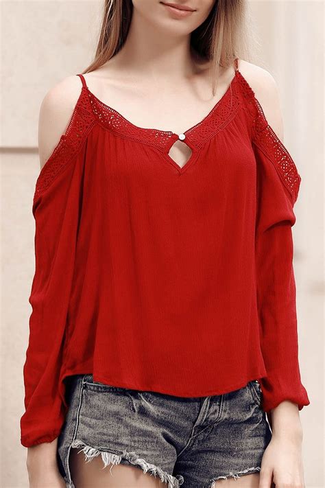 Chic Spaghetti Strap Lace Spliced Hollow Out Womens Blouse Blouses For Women Fashion Women