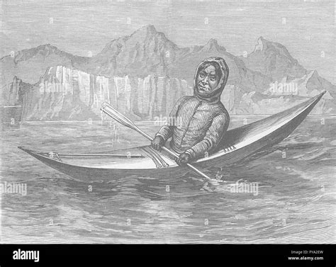 Greenland Greenland Eskimo In His Kayak Antique Print 1890 Stock