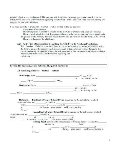 Sample Parenting Agreement Between Mother And Father In Parenting Plan Custody Agreement