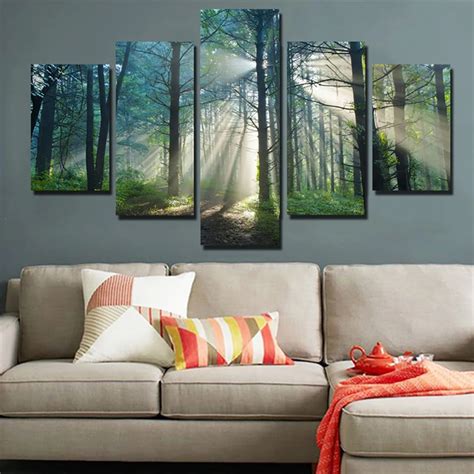 Hd Printed Painting Modern Wall Art Pictures 5 Panel Sunshine Forest