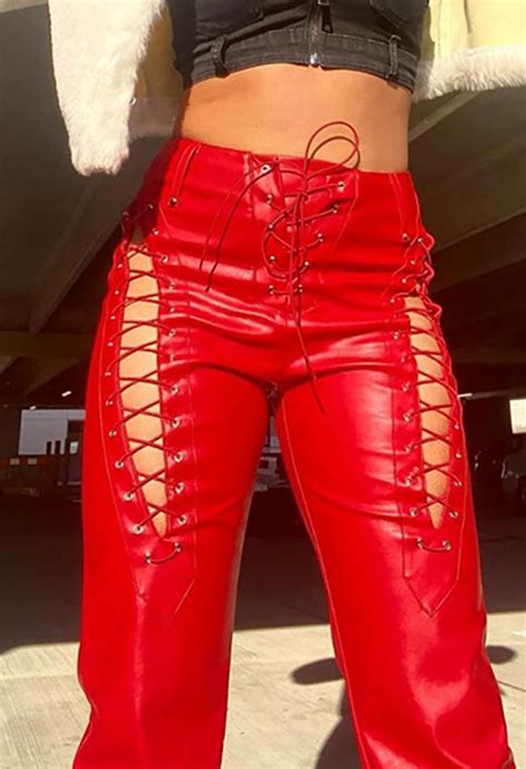 2023 Cut Out Lace Up Pu Leather Pants Red S In Pants Online Store