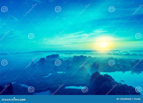Early Morning Magical Misty Sunrise Over The Lake Aerial View Stock
