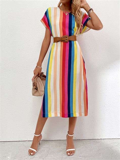 To Find Out About The Batwing Sleeve Rainbow Striped Dress Without Belt