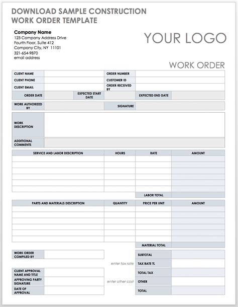 Free Work Order Form Template Printable Templates