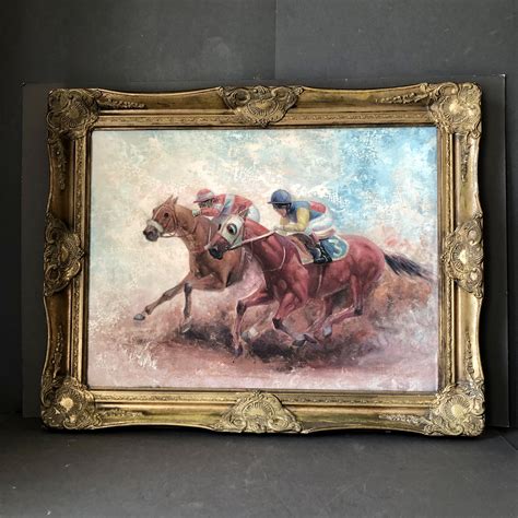 Original Horse Racing Oil Painting In Antique Gold Frame Equestrian