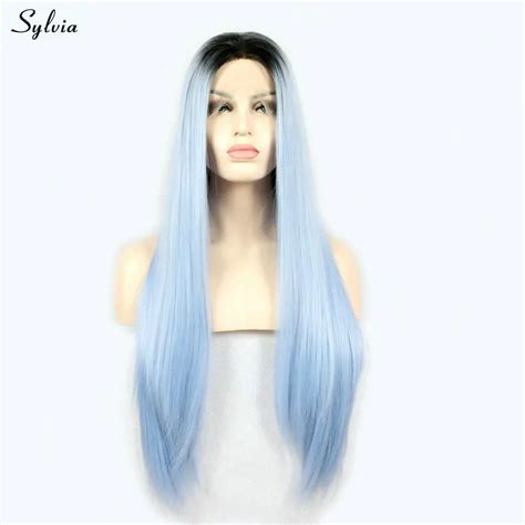 Sylvia Long Hair Straight Lace Front Wig Black Roots Ombre Sky Blue Wig