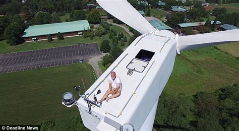 San Diego Sunbather On Top Of Wind Turbine Is Surprised By Drone