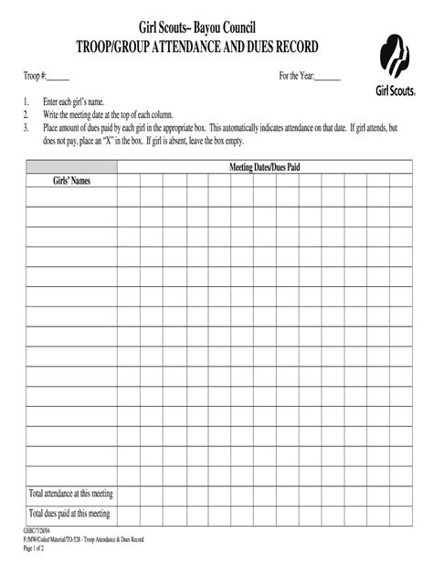 girl scout attendance sheet fill out and sign online dochub