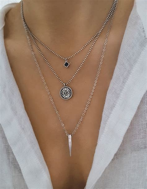 Silver Layered Necklace Set Dainty Layered Silver Necklace Etsy