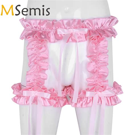 Mens Sissy Lingerie Frilly Satin Panties For Men Garter Gay Underwear Ruffled Hollow Out Knicke