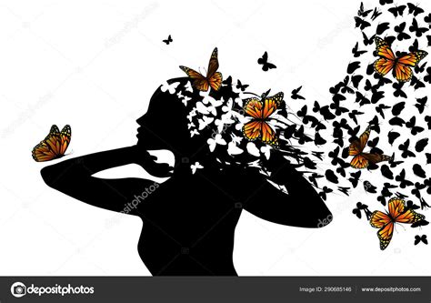 Silhouette De Fille Avec Des Papillons Volants Illustration