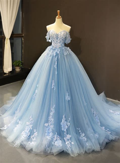 Blue Ball Gown Tulle Appliques Off The Shoulder Backless Sweet 16 Prom