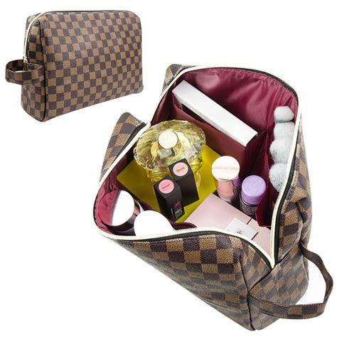 Luxouria Travel Checkered Makeup Bag Designer Leather Cosmetics Bag