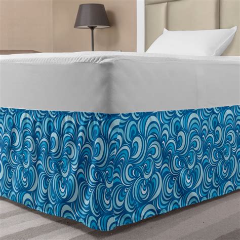 Blue Bed Skirt Marine Waves Pattern Abstract Curly Forms Spirals Sea