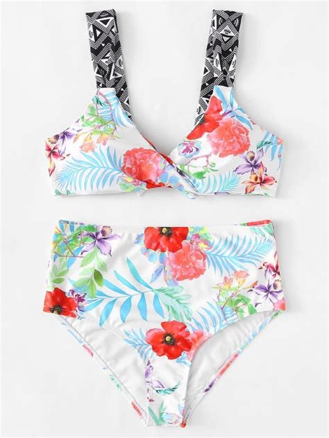 Twist Flower Print Bikini Set SheIn Sheinside Flower Print Bikini Set Printed Bikini Sets