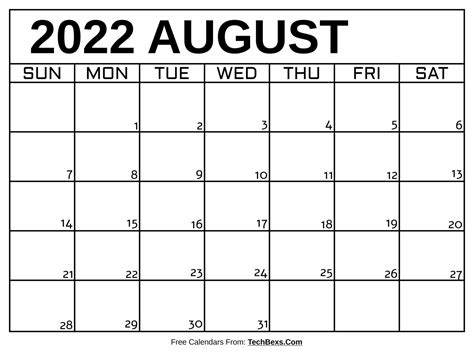 Monthly August 2022 Calendar Template 2022 Calendars For Planning