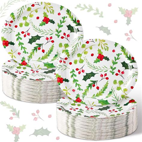 Amazon Com Tioncy Count Christmas Disposable Oval Plates Holly Berries Paper Plates X