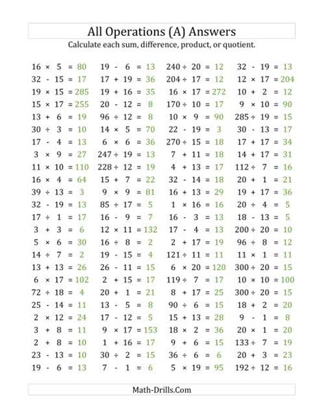 100 Horizontal Mixed Operations Questions Facts 1 To 20 A