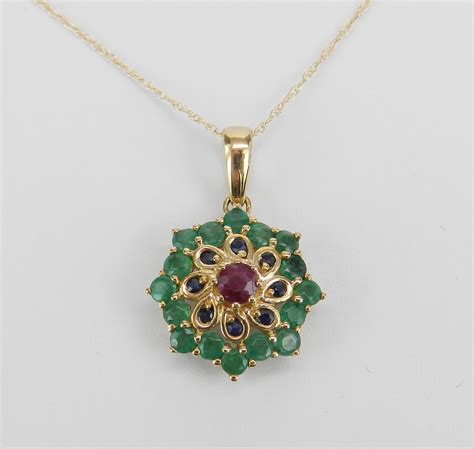 Emerald Ruby Sapphire Cluster Flower Pendant Necklace 14k Yellow Gold