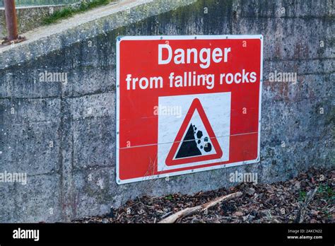 Danger Warning Signs Of Falling Rocks At Staithes North Yorkshire