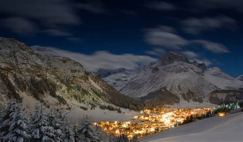 Winter Starry Night Austria Snow Forest City Lights