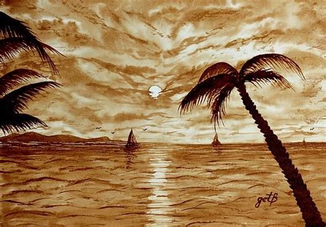 Hawaii Sunset Original Coffee Painting By Georgeta Blanaru Coffee