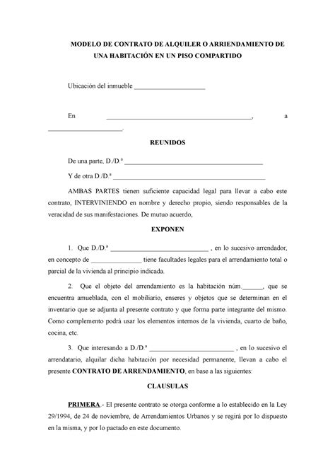 Modelo Contrato Alquiler Habitación Modelo De Contrato De Alquiler O
