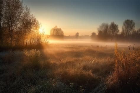 Premium Ai Image Sunrise Over Misty Meadow With Rays Of Sunshine