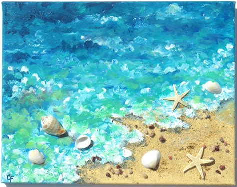 Beach Painting Of Shoreline With Real Starfish Shells And Etsy