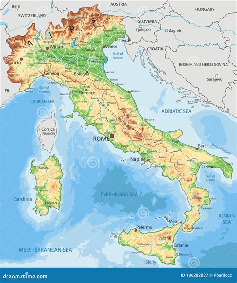 Cartina Fisica Dettagliata Dell Italia Con Etichettatura Illustrazione