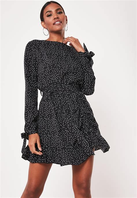 Black Polka Dot Ruched Side Tea Dress Missguided
