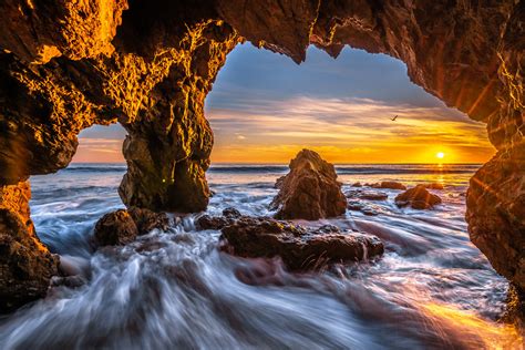 Malibu Sea Cave Sunset Red And Orange Clouds Fine Art El Mat