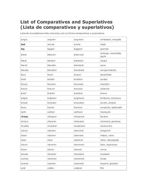 List Of Comparatives And Superlatives Comparativos Y Superlativos Adjetivos Lista De Adjetivos