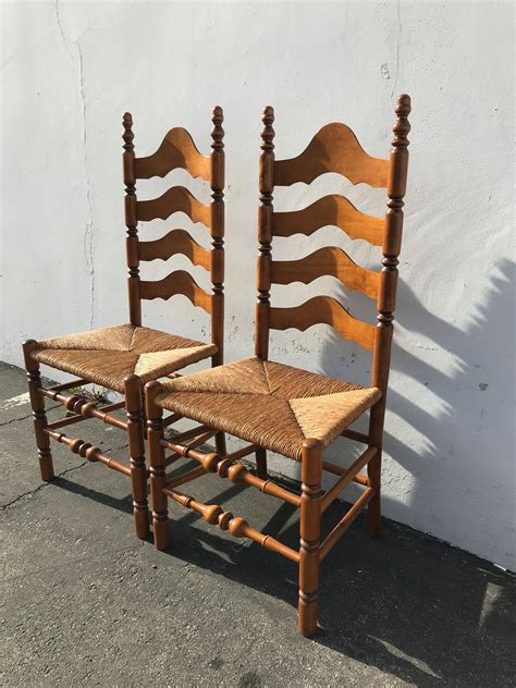 2 Antique Ladderback Rush Seat Dining Chairs Vintage Chair Kitchen