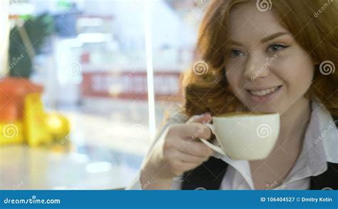 Redhead Woman Drinking Cappuccino In Cafe Stock Video Video Of Drinking Coffee 106404527