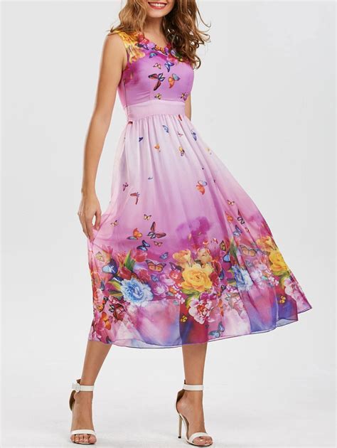 Light Purple 2xl Bohemian Floral Butterfly Print Maxi Dress