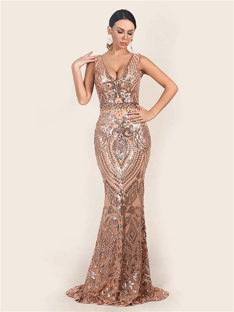 Missord Plunging Neck Fishtail Sequin Prom Dress M Gold Maxi