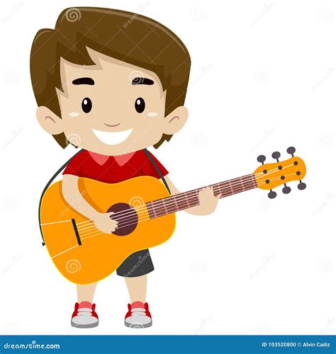 Kid Boy Holding And Playing A Guitar Stock Vector Illustration Of