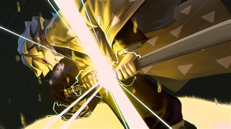 Demon Slayer Zenitsu Agatsuma With Yellow Dress Having Lightning Sword