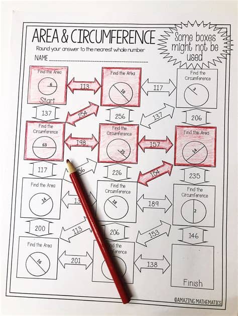 Area and Circumference of Circles Maze Worksheet ...