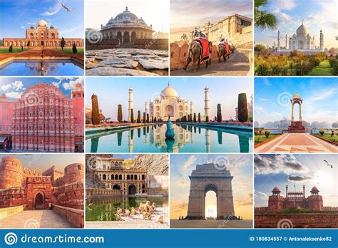 Taj mahal is in agra, india, and was built by mughal shah jahan emperor as a mausoleum for his beloved wife who passed away in childbirth, arjumand banu begum. Famous Places Of India In The Collage Of Photos Stock ...