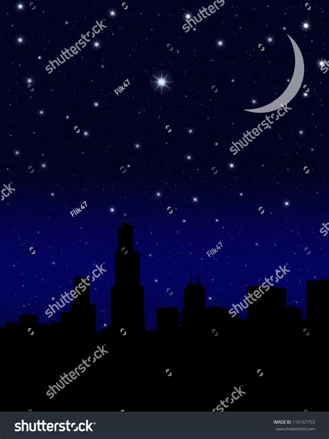 Black Night Sky Plenty Of Stars With Crescent Moon Over A