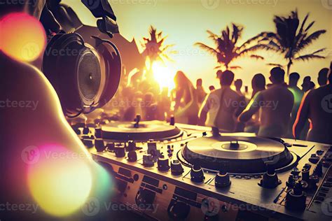 Dj Mixing Outdoor At Beach Party Festival With Crowd Of People In