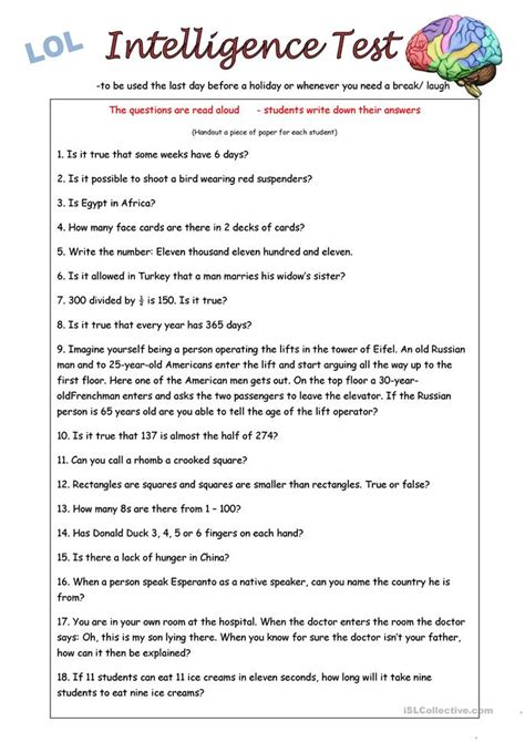 iq test worksheet  esl printable worksheets   teachers