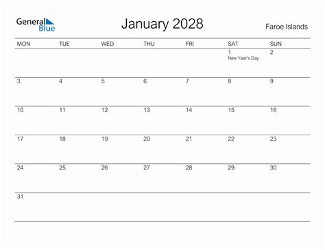 Printable January 2028 Monthly Calendar With Holidays For Faroe Islands