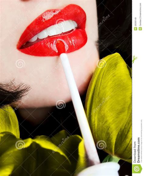 Young Woman Applying Red Lip Gloss Lipstick Stock Image Image Of