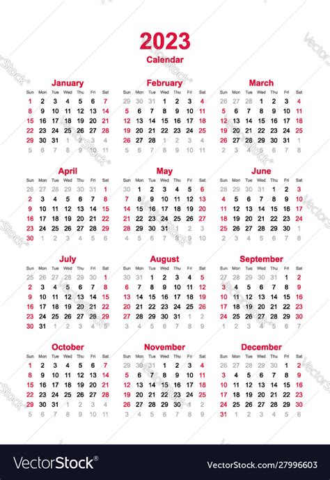 Calendar 2023 12 Months Yearly Calendar Vector Image