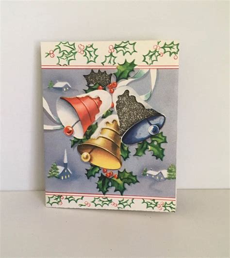Vintage Mid Century Holiday Bells Christmas Card Glitter Bells Diecut